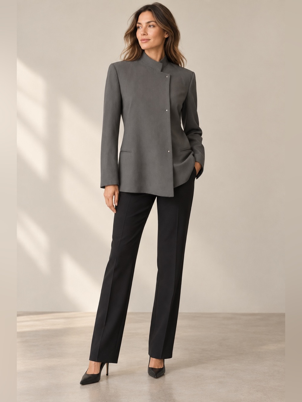 Donna Karan Signature Gray Asymmetrical Snap Front Long Blazer Jacket